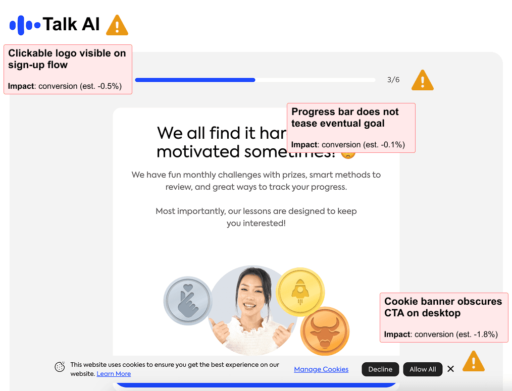 Analysis of drop-off on onboarding page